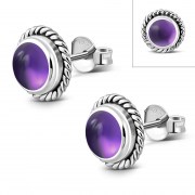 Amethyst Stone Stud Silver Earrings, e337